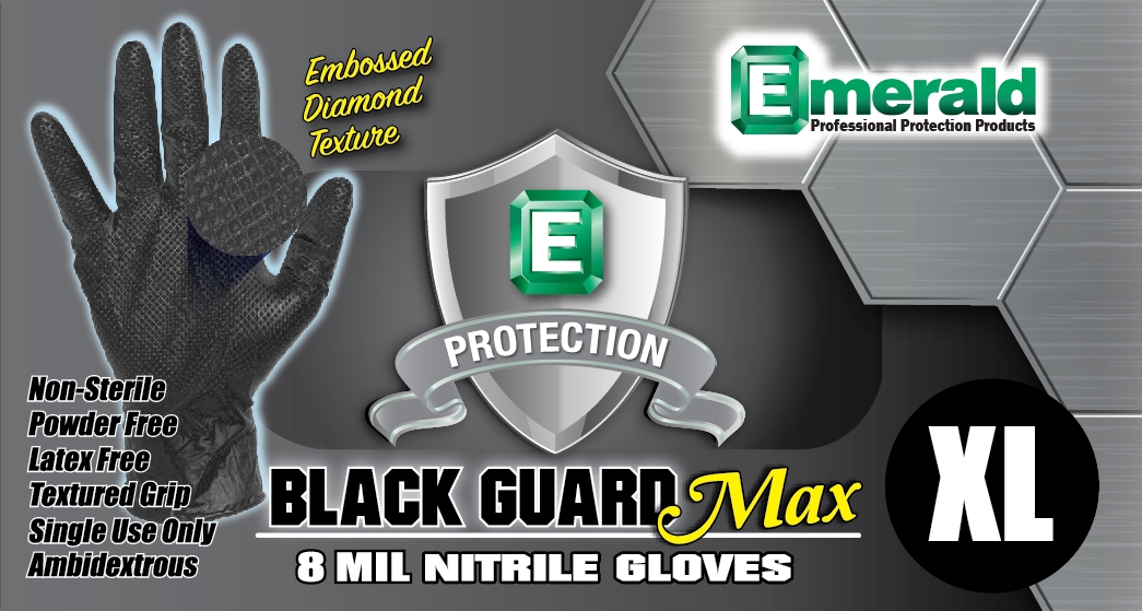 Emerald Black Guard Max GP 8-mil Powder-Free Nitrile Gloves with Raised Diamond Grip